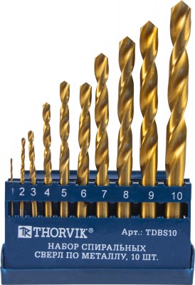 Tdbs10 набор спиральных сверл по металлу hss tin в пластиковом кейсе, d1.0-10.0 мм, 10 предметов