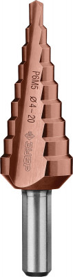 ЗУБР кобальт, 4-20 мм, 9 ступеней, сталь р6м5, кобальтовое покрытие, ступенчатое сверло, профессионал (29672-4-20-9)