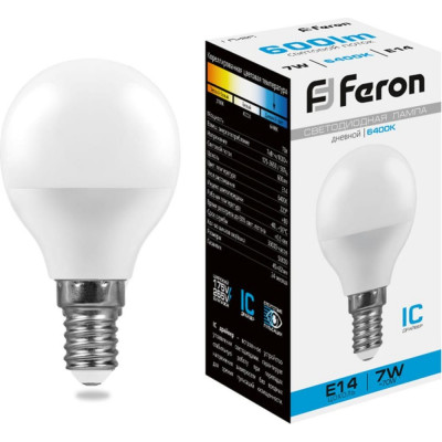 Светодиодная лампа FERON LB-95 Шарик E14 7W 6400K 25480