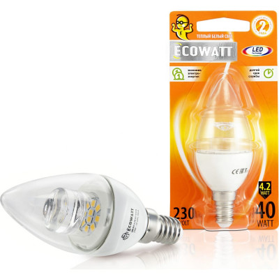 Ecowatt лампа св/диод. b35 4.2w 2700k e14 cl 300 теплый белый свет свеча прозрачная 4606400419389