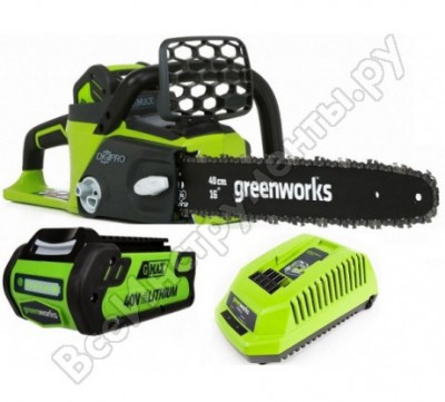 Greenworks цепная пила аккумуляторная gd40cs40, 40v, 40 см, бесщеточная, с 1хакб 4а.ч и ЗУ 20077ub