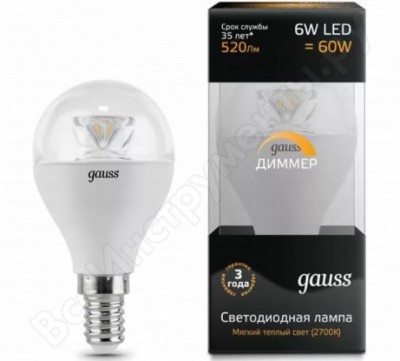 Gauss лампа LED globe crystal clear e14 6w 2700k диммируемая sq105201106-d