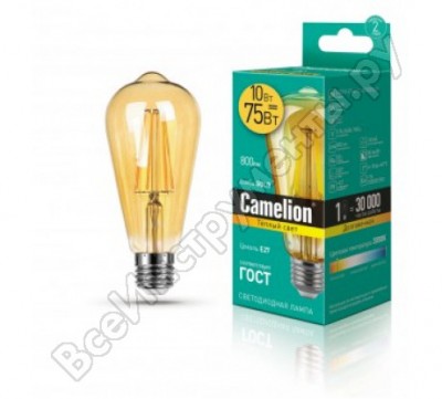 Camelion led10-st64-fl-gd/830/e27 эл.лампа светодиодная 10вт 220в 13464