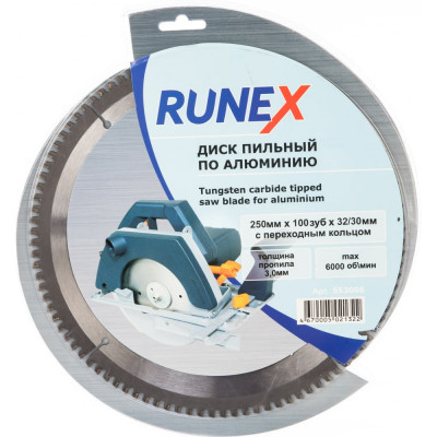 Runex диск пильный по алюминию 250мм х 100 зуб х 32/30мм, отрицательный угол наклона зубьев 553006