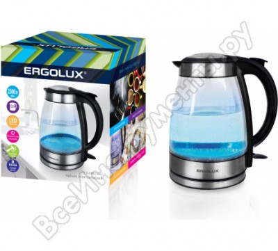 Ergolux elx-kg02-c42 серебристо-черный чайник стеклянный, 1.7л, 160-250в, 1500-2300вт 13444
