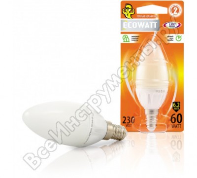 Ecowatt лампа св/диод. b35 230в 60w 2700k e14 теплый белый свет свеча 4606400419297