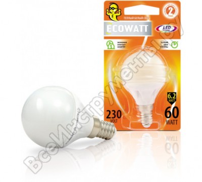 Ecowatt лампа св/диод. p45 230в 60w 2700k e14 теплый белый свет шарик 4606400419259