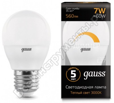Gauss лампа LED шар-dim e27 7w 560lm 3000к sq105102107-d