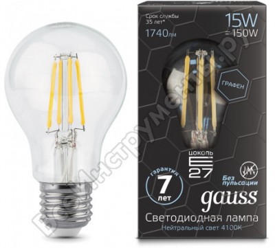 Gauss лампа LED filament graphene a60 e27 15w 1740lm 4100к sq102802215