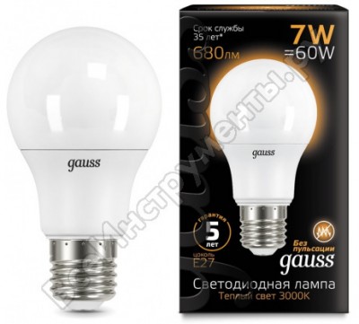 Лампа Gauss LED A60 E27 7W 2700K 102502107