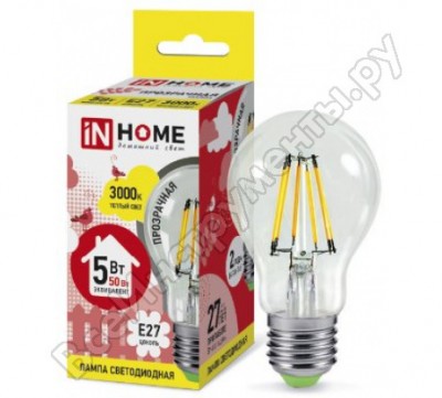 In home лампа светодиодная LED-a60-deco 5вт 230в е27 3000к 450лм прозрачная 4690612008028