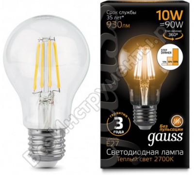 Gauss лампа LED filament a60 e27 10w 930lm 2700к step dimmable sq102802110-s