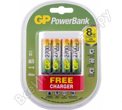 Gp usb-зарядка pbu411 для аа и ааа аккумуляторов и 4 аккумулятора 260aahc aa. u411270aahcf-2ue4