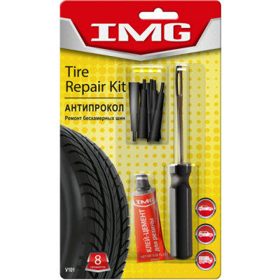 Img набор для ремонта бескамерных шин /шило+клей+6 резиновых вставок черн./ v101