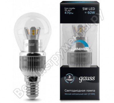 Gauss лампа LED globe crystal clear 5w e14 4100k диммируемая sqha105201205-d