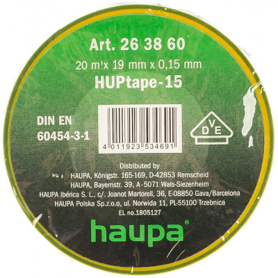 Haupa изолента ПВХ, цвет желто-зеленый, шир. 19 мм, длина 20 м, d 74 мм 263860