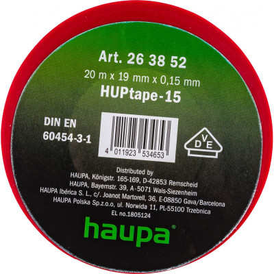 Haupa изолента ПВХ, цвет красный, шир. 19 мм, длина 20 м, d 74 мм 263852