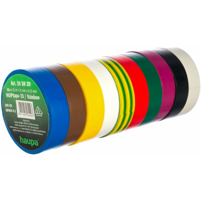 Haupa изолента ПВХ, цвет радужный, шир. 15мм, длина 10 м, d 60 мм, упаковка 10 штук, цена за упакову 263820