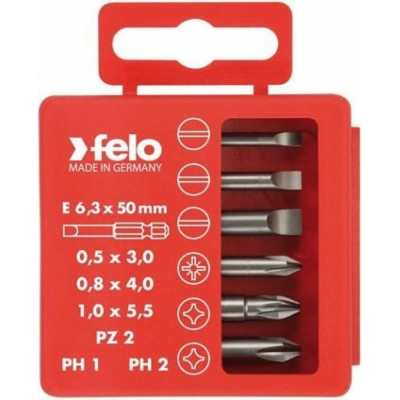 Felo набор бит шлицевых плоских, pz2 и ph1-2 50 мм в упаковке, 6 шт 03092516