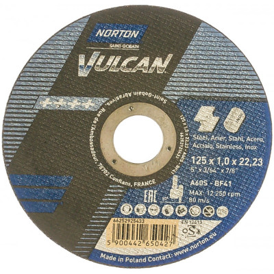 Norton отрезной круг по нерж./мет., nv, 41, d 125x1,0x22,23, 80 m/sec 66252925433