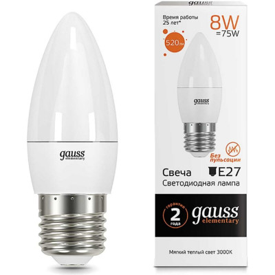 Лампа Gauss LED Elementary Candle 8W E27 2700K 33218