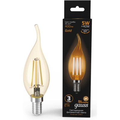 Лампа Gauss LED Filament Candle tailed E14 5W 2700K Golden 104801005