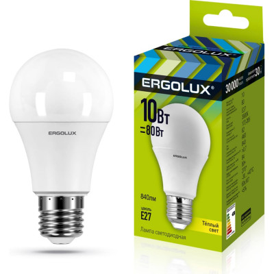 Ergolux лампа светодиодная лон LED-a60-10w-e27-3k эл.лампа светодиодная лон 10вт e27 3000k 172-265в 12148