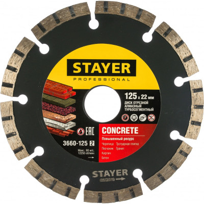 Отрезной алмазный диск по бетону, кирпичу, плитке STAYER CONCRETE Professional 3660-125_z02