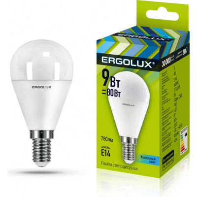 Электрическая светодиодная лампа Ergolux LED-G45-9W-E14-4K Шар 13174
