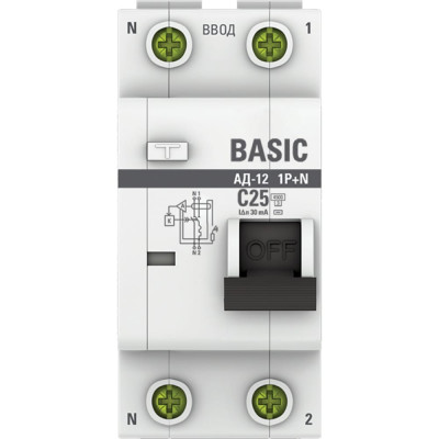 Дифференциальный автоматический выключатель EKF АД-12 Basic 1P+N 25А 30мА электронный тип АС C 4.5кА DA12-25-30-bas