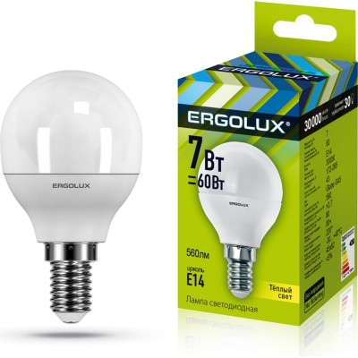 Светодиодная лампа Ergolux Шар LED-G45-7W-E14-3K 172-265В 12142