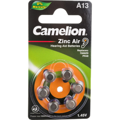 Батарейка для слуховых аппаратов Camelion ZA13 BL-6 Mercury Free 12824