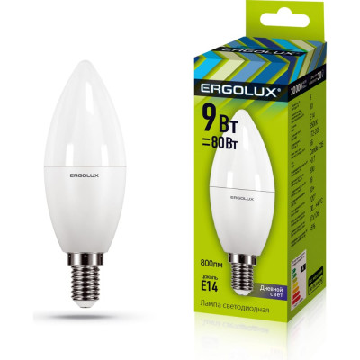 Электрическая светодиодная лампа Ergolux LED-C35-9W-E14-6K Свеча 13169