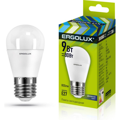 Светодиодная лампа Ergolux LED-G45-9W-E27-6K Шар 13178