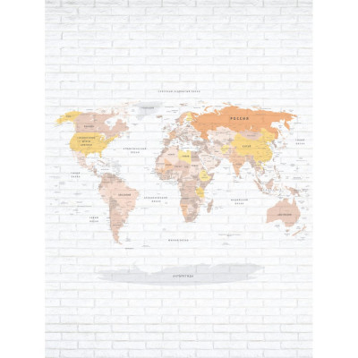 Обои ТОП ФОТООБОИ Карта мира на русском языке в желто-коричневых оттенках на серой кирпичной стене 09-2028-МF-2