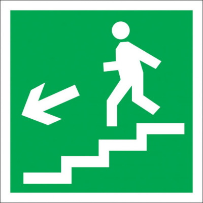 Знак Стандарт Знак Направление к эвакуационному выходу Е14 по лестнице вниз, налево 00-00024575
