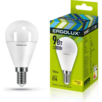 Электрическая светодиодная лампа Ergolux LED-G45-9W-E14-3K Шар 13173