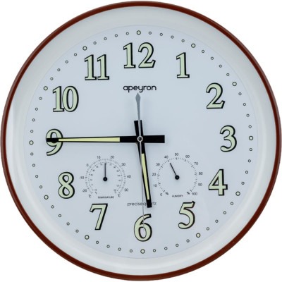 Круглые настенные часы Apeyron светящийся циферблат, термометр, гигрометр, коричневый, пластик, диаметр 34.1 см PL2207-263-3