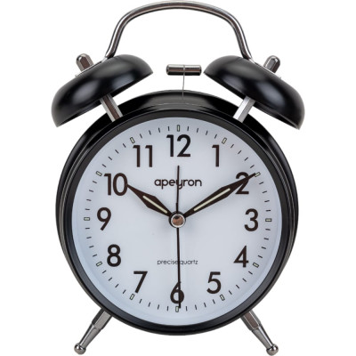 Бесшумные часы-будильник Apeyron подсветка, черный матовый, металл, 15.9x11.5 см с плавным ходом, батарейка 1АА MLT2207-256-3