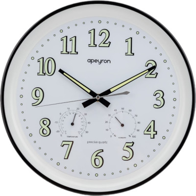 Круглые настенные часы Apeyron светящийся циферблат, термометр, гигрометр, черный, пластик, диаметр 34.1 см PL2207-263-1