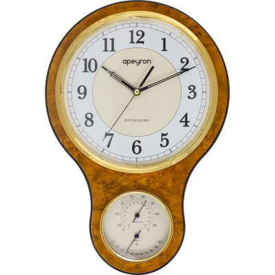 Настенные бесшумные часы Apeyron термометр, гигрометр, светлое дерево массив гевеи, размер 40.5x27 см WD2207-904-2