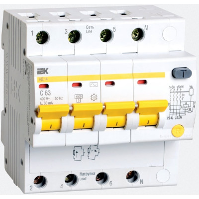 Дифференциальный автомат IEK АД-14 4п, 6.5 мод, C 10 A, 30 мA, AC, 4.5 kA MAD10-4-010-C-030