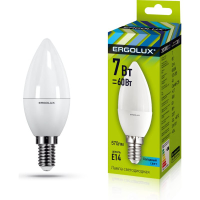 Электрическая светодиодная лампа Ergolux LED-C35-7W-E14-6K Свеча 12874