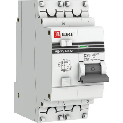 Дифференциальный автоматический выключатель EKF АД-32 PROxima 2п 20А 30мА DA32-20-30-pro
