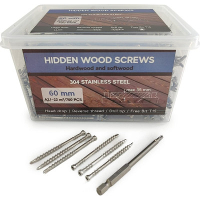Саморезы для скрытого монтажа террас и фасадов с помощью инструмента Marksman Camo Hidden Wood Screws A2 60 мм, 700 шт. 60700A2