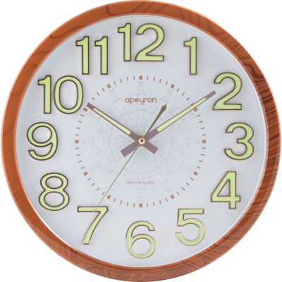 Круглые настенные бесшумные часы Apeyron светящийся циферблат 3d, цвет светлое дерево, пластик, диаметр 36.1 см PL2207-713-3