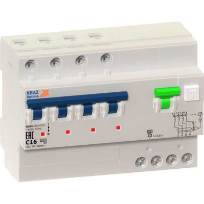 Автоматический выключатель дифференциального тока КЭАЗ 4п C 16А 30мА тип A 6кА OptiDin VD63 УХЛ4 103476