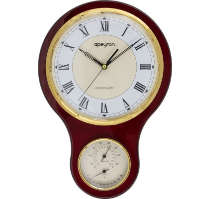 Настенные бесшумные часы Apeyron термометр, гигрометр, темное дерево массив гевеи, размер 40.5x27 см WD2207-904-1