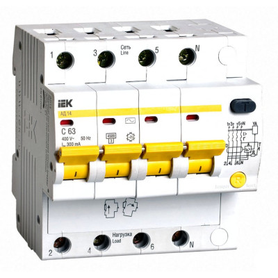 Автоматический дифференциальный выключатель дифференциального тока IEK АД-14 MAD10-4-063-C-300