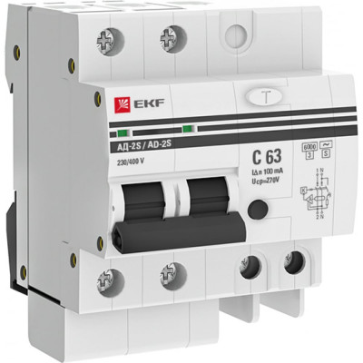 Дифференциальный автомат EKF 63А/100мА, характеристика C, AC, 270В, 6кА DA2-6-63-100S-pro